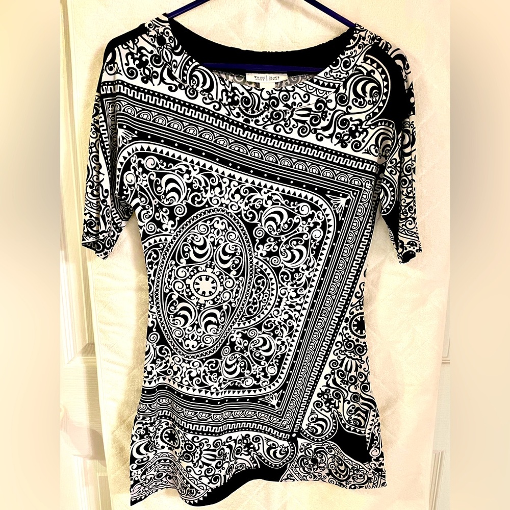 White House Black Market Ornate Black and White Blouse